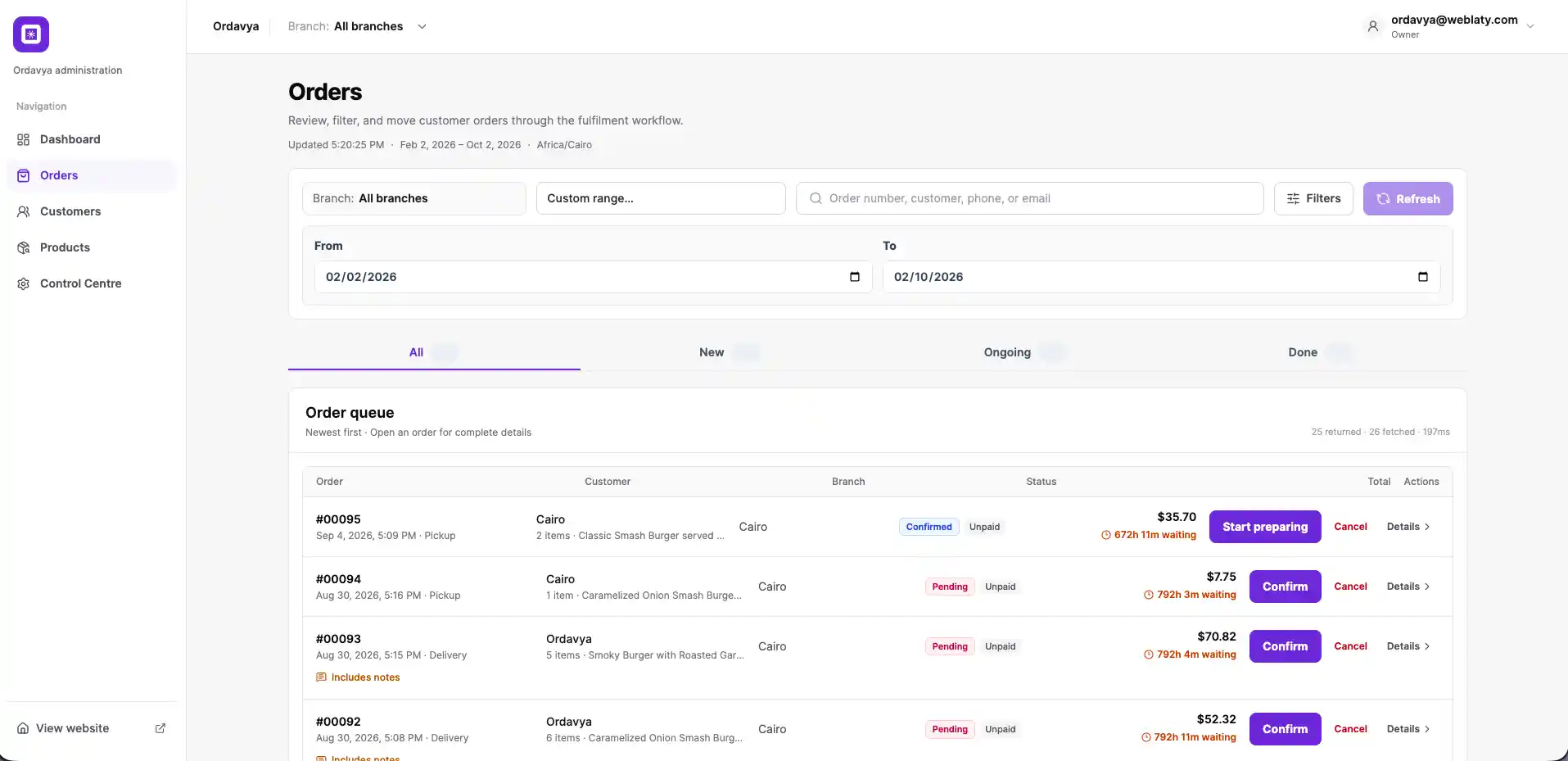 Restaurant order queue with filters and fulfillment actions