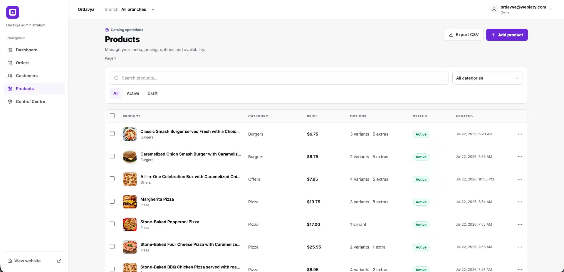 Restaurant product management with prices and statuses